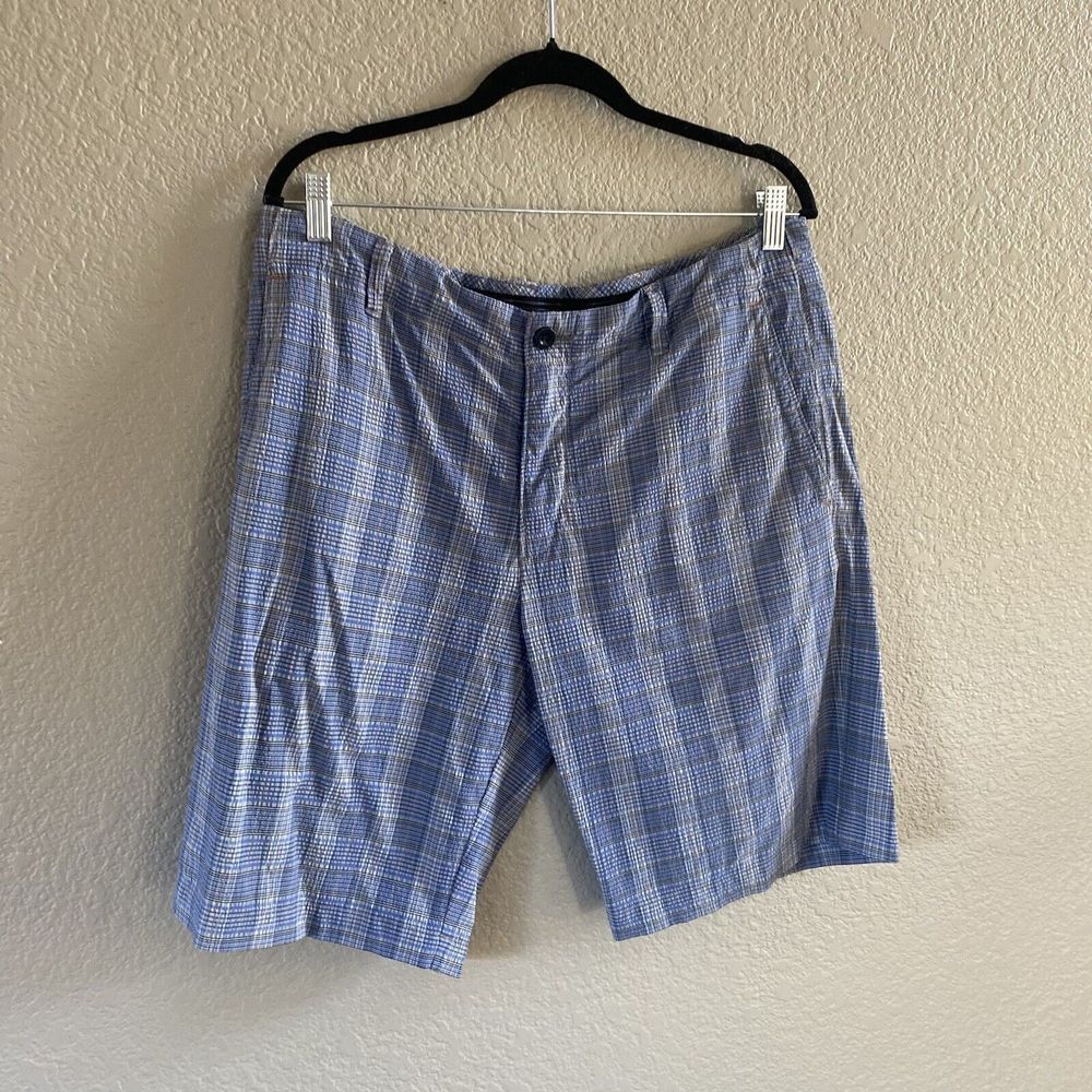 Tommy Bahama Shorts Mens 34 Blue Plaid Seersucker Chino 10” Nylon Stretch